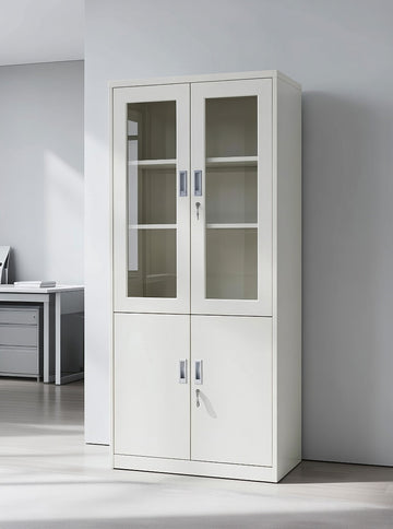 Steel cabinet with glass upper section and metal lower section
